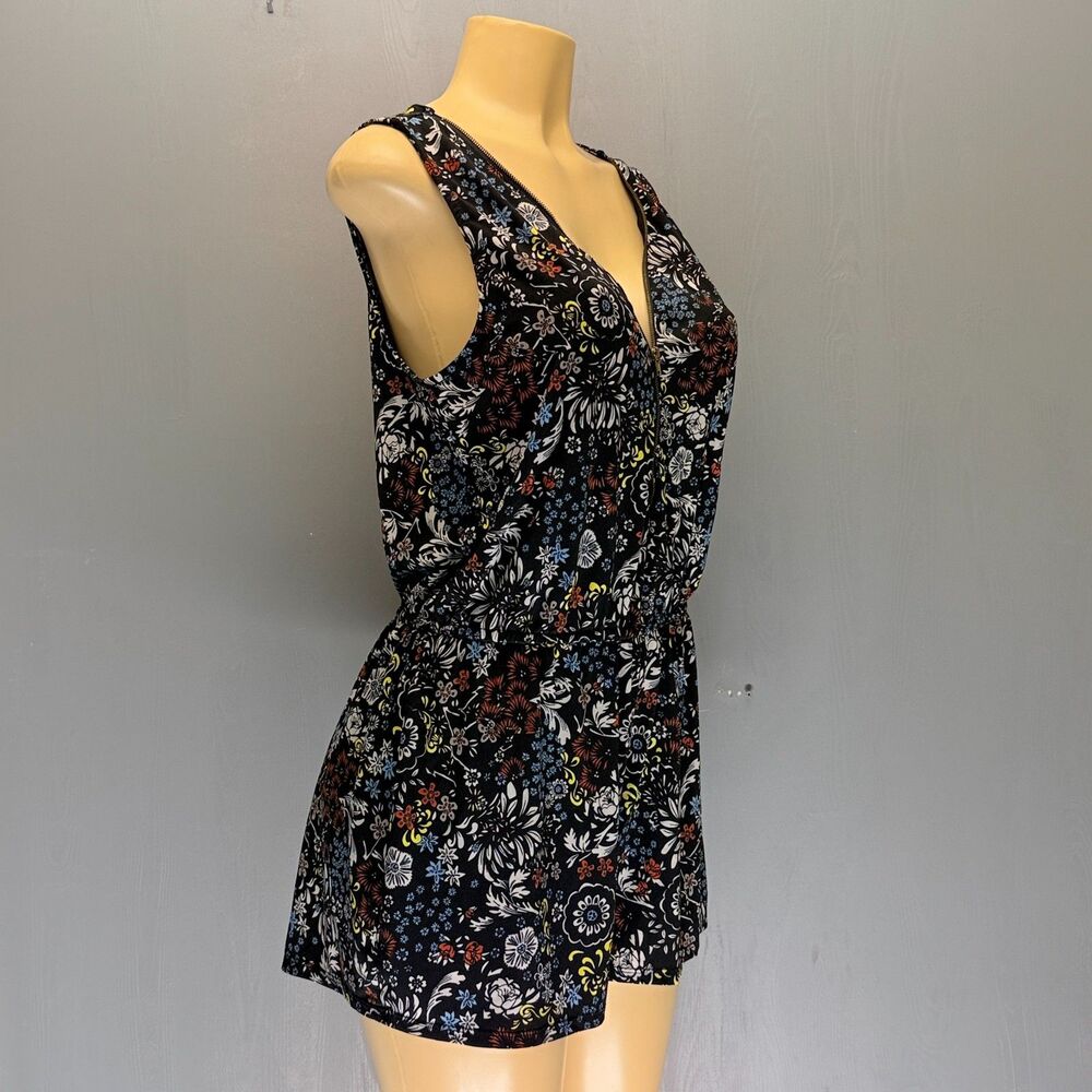 Black Ambiance Floral | Stretch Tank Romper | Zip Front Sleeveless | L